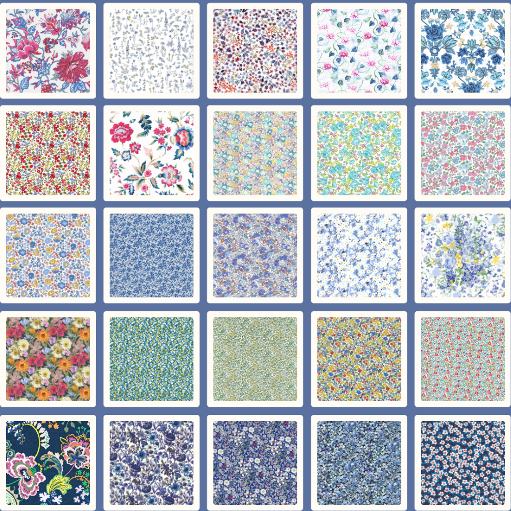 Liberty Tana lawn 50, 2.5" squares small florals blues cotton fabric Pack 21