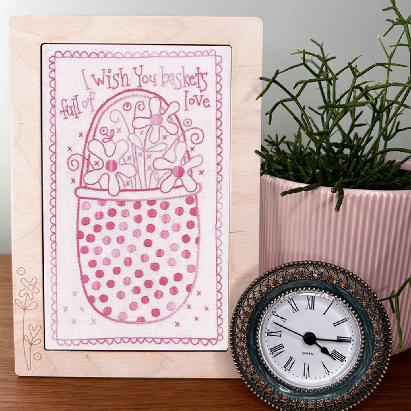 Basket of love preprinted embroidery cream hanky linen stitchery Rosalie Decker