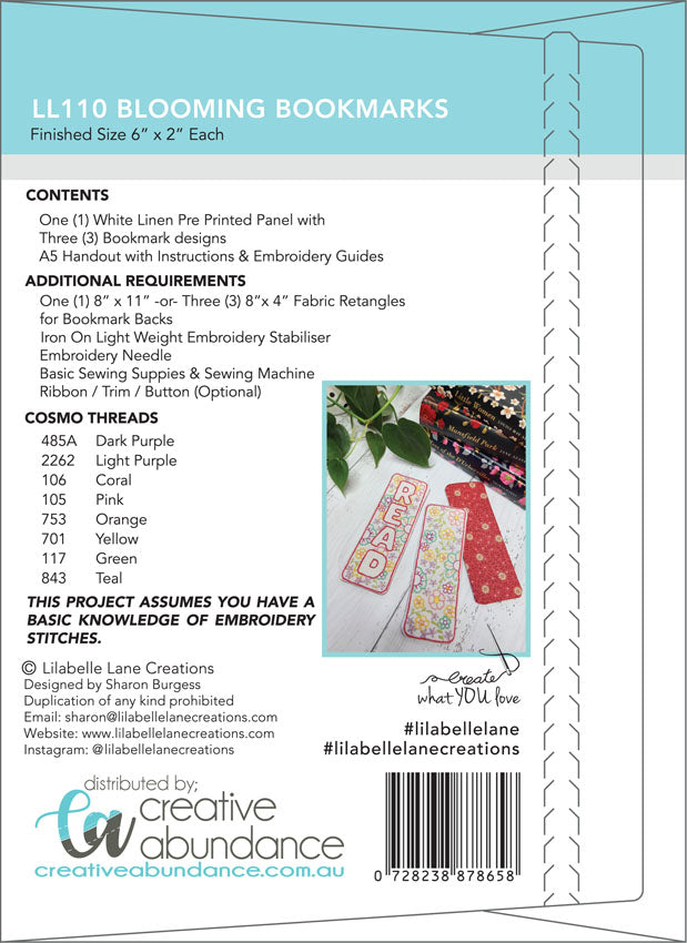 Blooming Bookmarks embroideries pre-printed white linen stitchery panel Lillabelle Lane design (Copy)