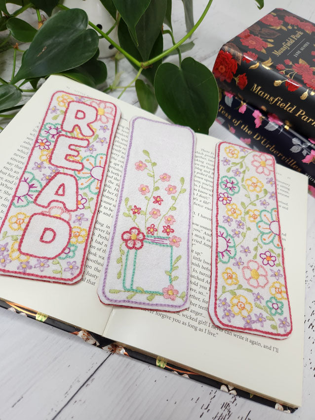 Blooming Bookmarks embroideries pre-printed white linen stitchery panel Lillabelle Lane design (Copy)
