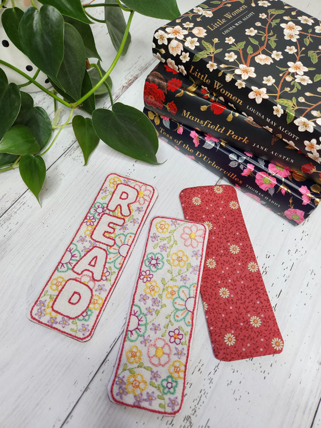 Blooming Bookmarks embroideries pre-printed white linen stitchery panel Lillabelle Lane design (Copy)