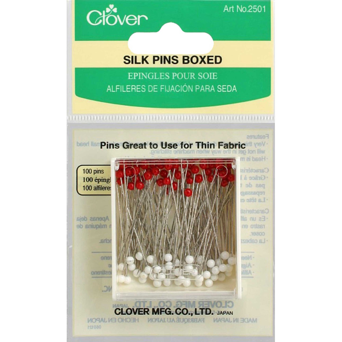 Clover glass headed silk pins 0.5mm diameter for light weight delicate fabrics