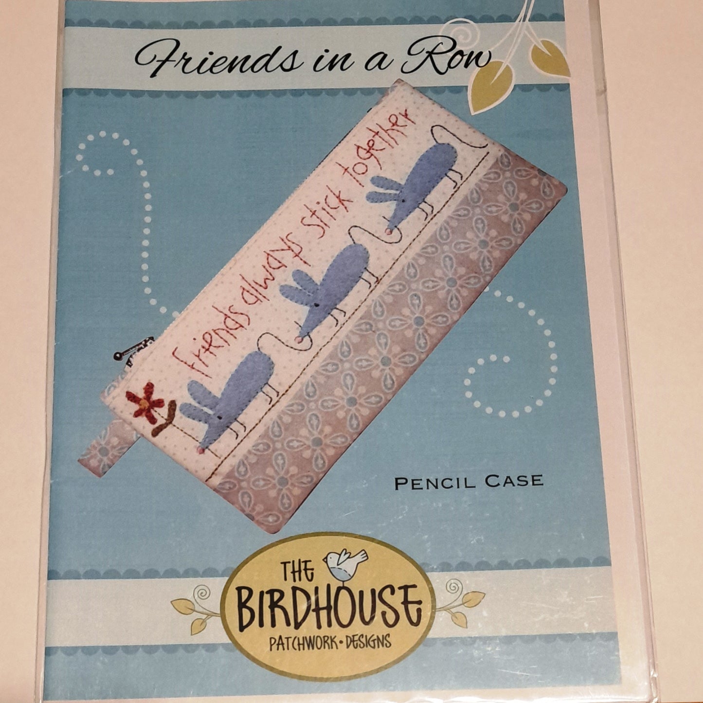 Friends in a Row applique and embroidery pencil case, zipper pouch Birdhouse pattern