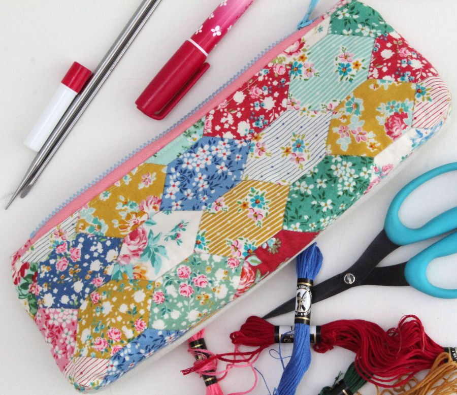 Honey Vallis zipper pencil case pouch EPP embroidery Hugs 'N Kisses pattern with fusible papers