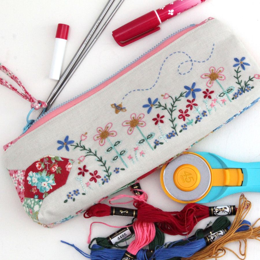Honey Vallis zipper pencil case pouch EPP embroidery Hugs 'N Kisses pattern with fusible papers