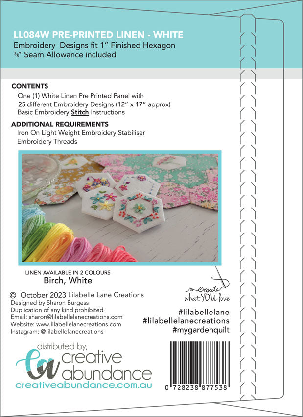 My Garden embroideries Vol 1 pre-printed white linen stitchery panel Lillabelle Lane design