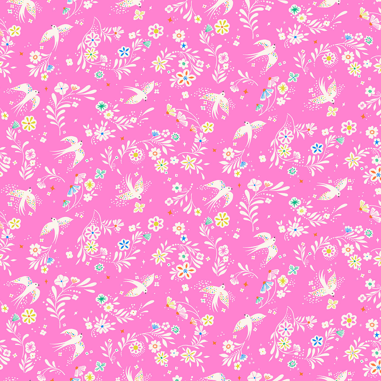 Songbird birds flowers bright pink Dashwood cotton quilt fabric