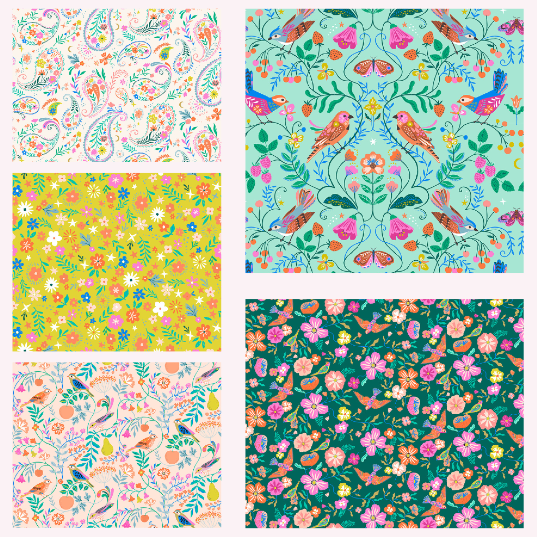 Songbird 5 Fat Quarters 50cm x 55cm (20 x 22") floral cotton quilt fabric