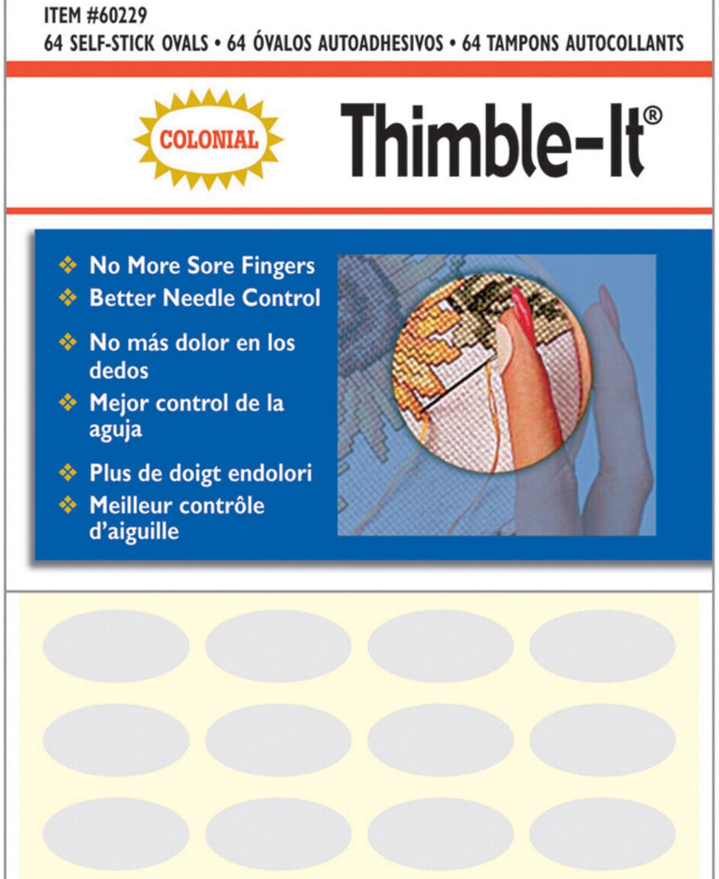 Thimble-It 64 self stick oval pads protect fingers from sewing needles