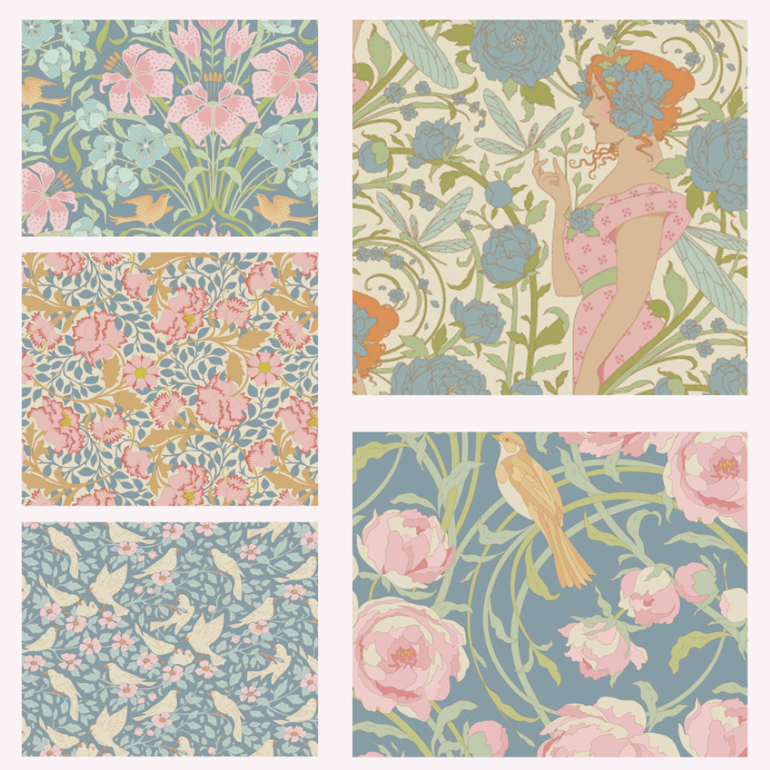 Tilda Songbird bundle 5 Blue Fat Eighths 25cm x 55cm (10 x 22") cotton quilt fabric