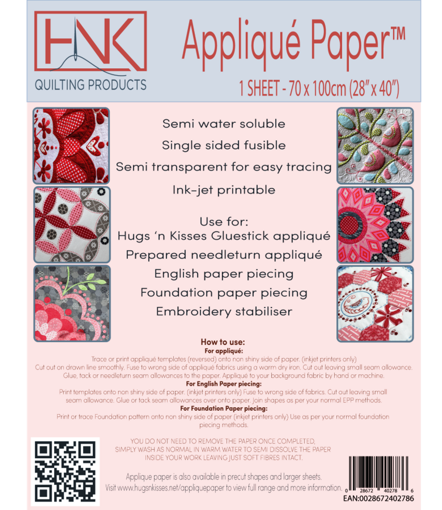 Applique paper fusible 1 metre sheet for gluestick applique or English Paper Piecing - Hugs n Kisses
