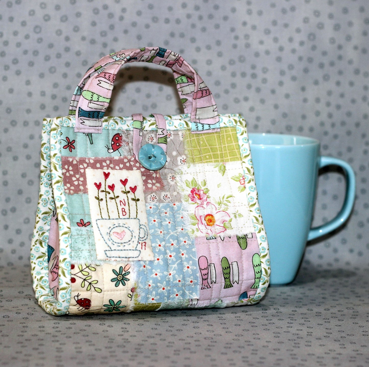 Love a Cuppa embroidered boro patchwork mug bag Birdhouse pattern