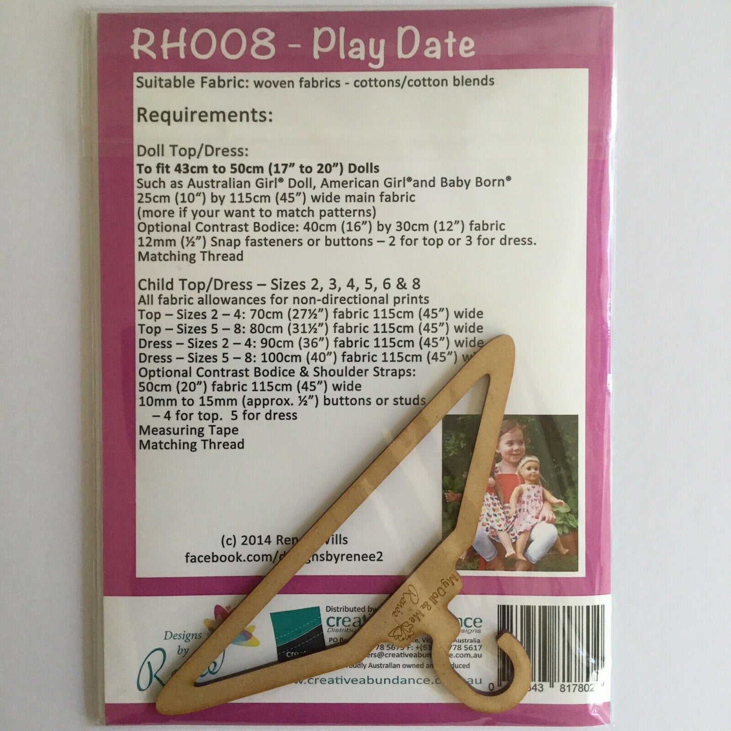 Child's top or dress sizes 2-8 and doll dress pattern with hanger