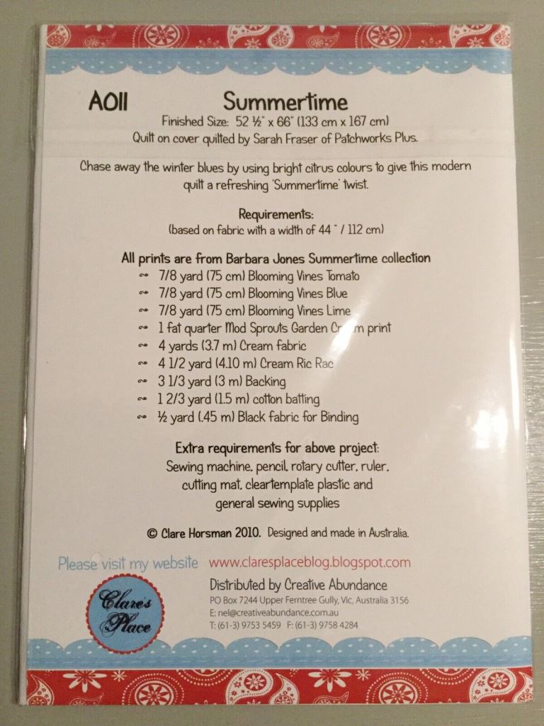 Summertime lap quilt 133cm x 167cm pattern by Clare's Place