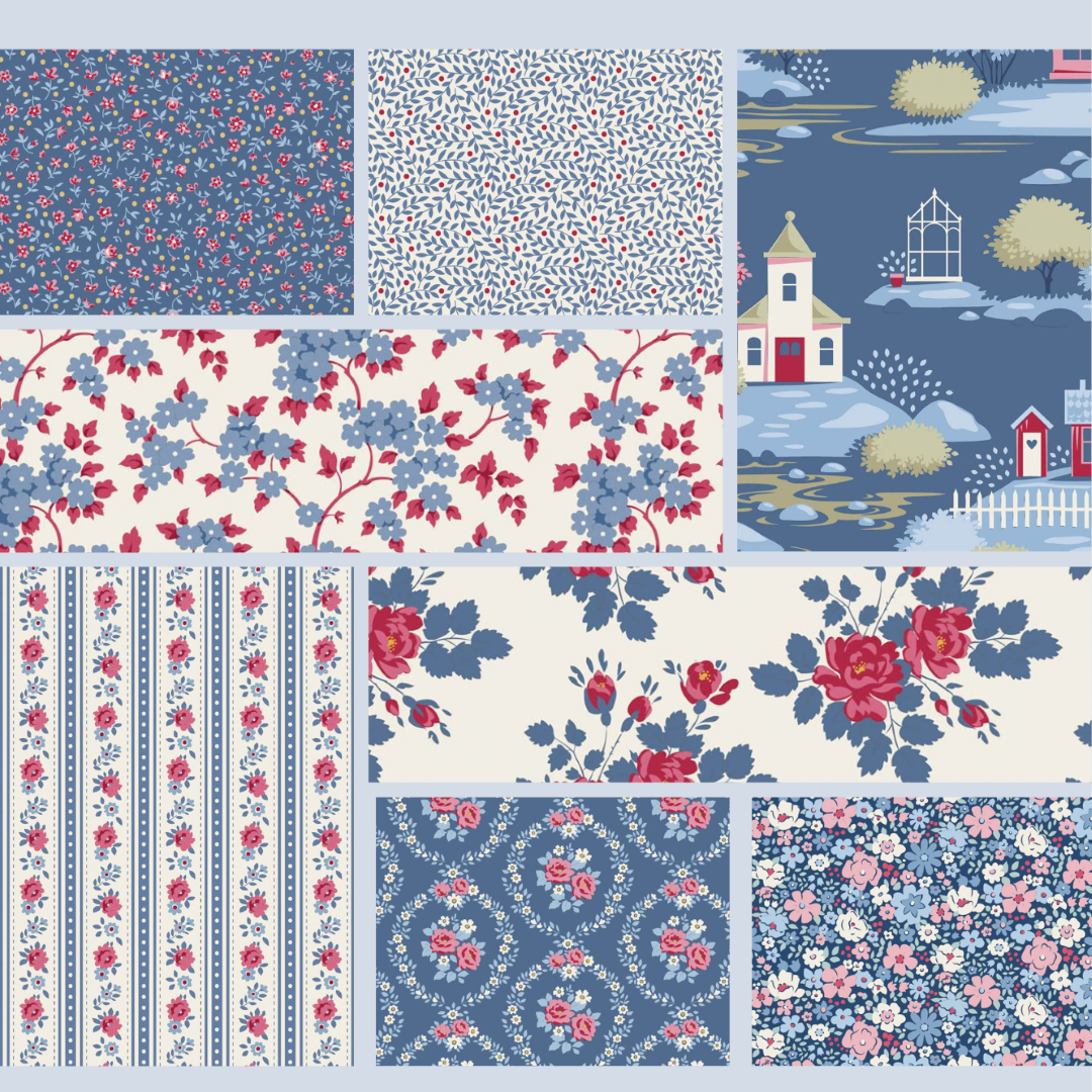 Tilda Village Life Blue bundle 8 Fat 16ths - 25cm x 26cm (10 x 10.5" cotton quilt fabric