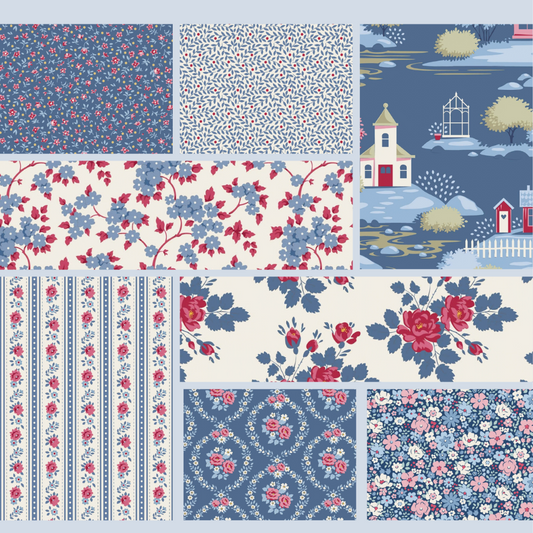 Tilda Village Life Blue bundle 8 Fat 16ths - 25cm x 26cm (10 x 10.5" cotton quilt fabric