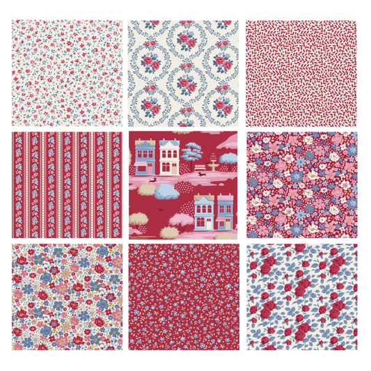 Tilda Village Life Red bundle 9 Fat 16ths - 25cm x 26cm (10" x 10.5") cotton quilt fabric