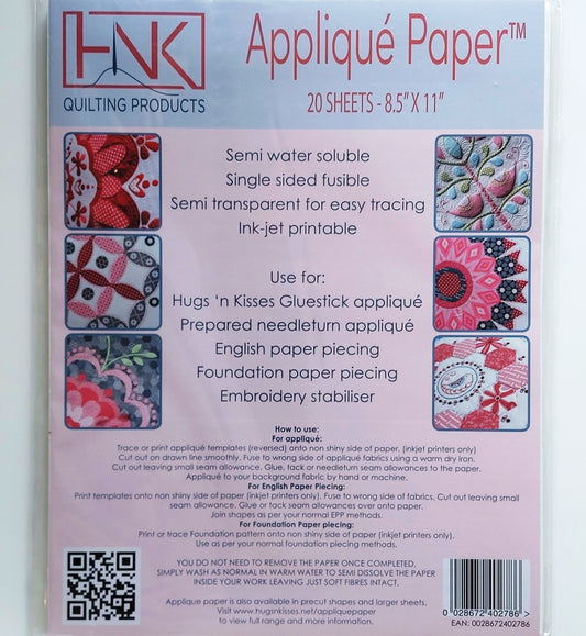 Applique paper 20 A4 sheets for gluestick applique or English Paper Piecing - Hugs n Kisses