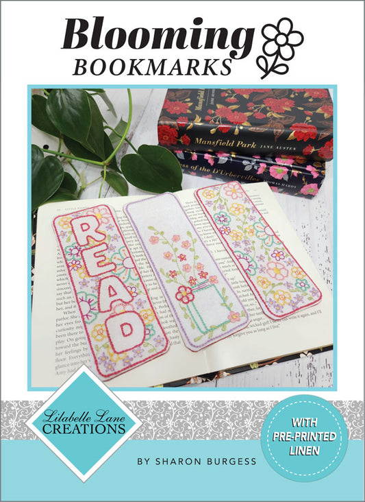 Blooming Bookmarks embroideries pre-printed white linen stitchery panel Lillabelle Lane design (Copy)