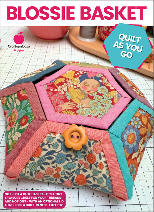 Blossie Basket quilt as you go hexagons pattern with papers and acrylic templates Craftapalooza