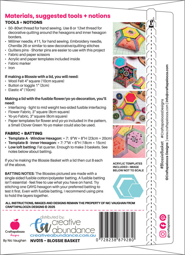 Blossie Basket quilt as you go hexagons pattern with papers and acrylic templates Craftapalooza