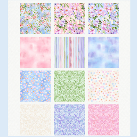 Camellia pastel florals bundle - 12 Fat Eighths cotton quilt fabric by P & B Textiles