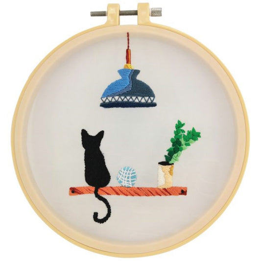 Cat on shelf embroidery kit pre-printed fabric, threads, 15cm hoop Make It