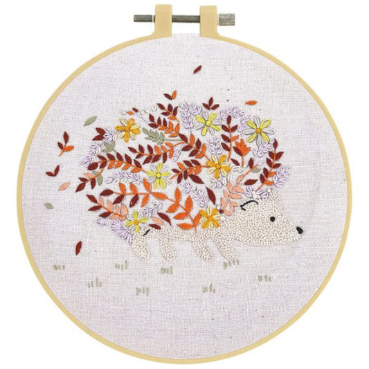 Floral Hedgehog embroidery kit pre-printed fabric, threads, 15cm hoop Make It
