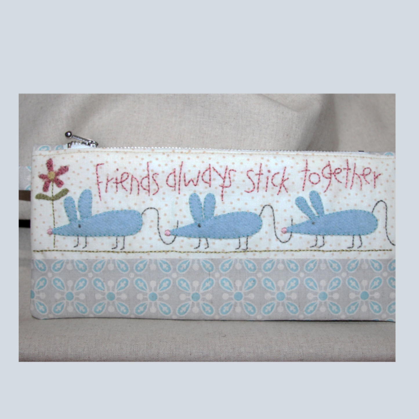 Friends in a Row applique and embroidery pencil case, zipper pouch Birdhouse pattern