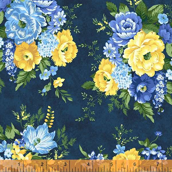 Harpersfield navy blue green yellow florals 4 Fat Quarters cotton quilt fabric Windham