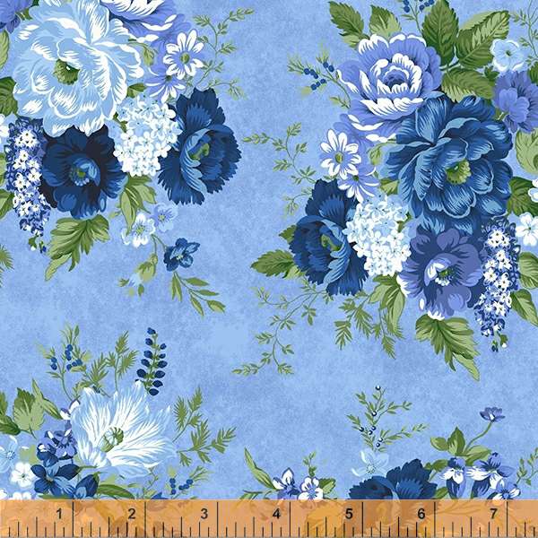 Harpersfield cornflower blue white green florals 4 Fat 16ths cotton quilt fabric Windham