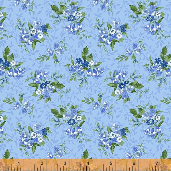 Harpersfield cornflower blue white green florals 4 Fat 16ths cotton quilt fabric Windham