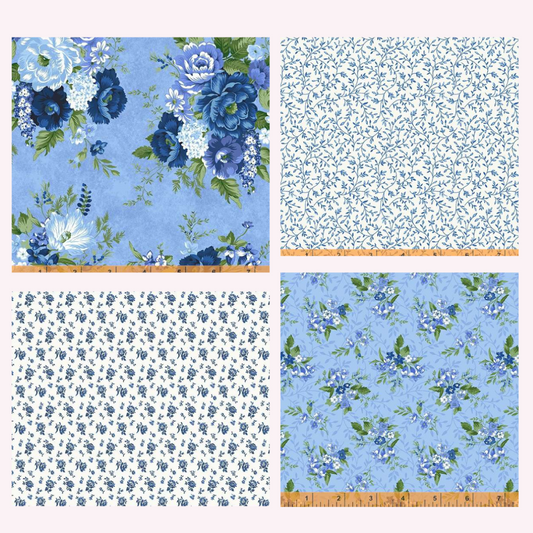 Harpersfield cornflower blue white green florals 4 Fat Eighths cotton quilt fabric Windham