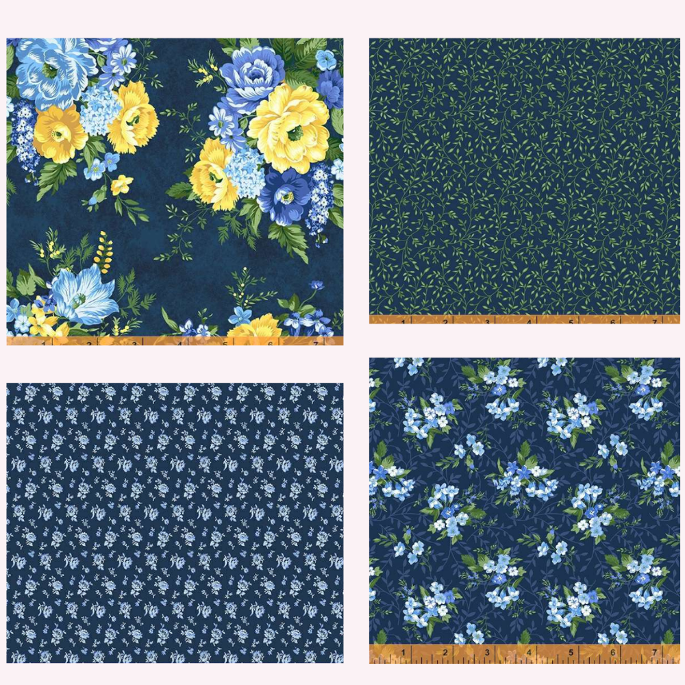 Harpersfield navy blue green yellow florals 4 Fat Quarters cotton quilt fabric Windham