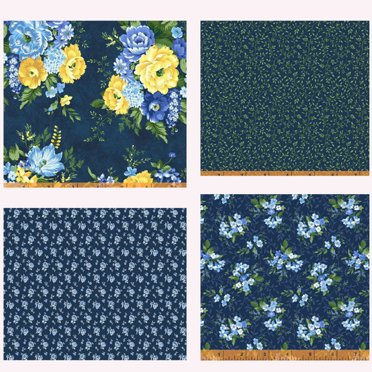 Harpersfield navy blue green yellow florals 4 Fat Eighths cotton quilt fabric Windham