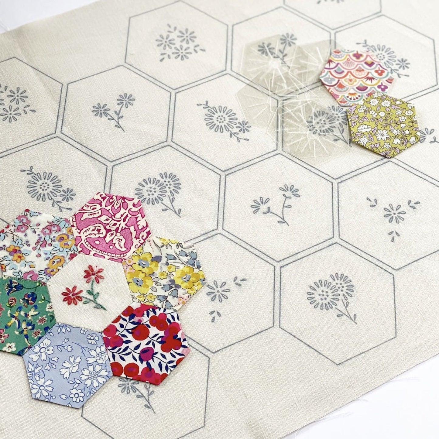 Daisy Hexies pre-printed cotton linen stitchery panel Amy Kallissa designs