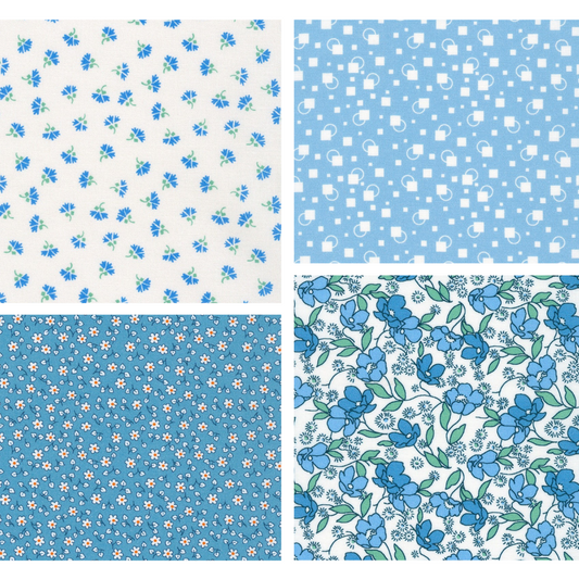 Little Blossoms Debbie Beaves 1930's reproduction bundle - 4 blue Fat Quarters Kaufman cotton quilt fabric
