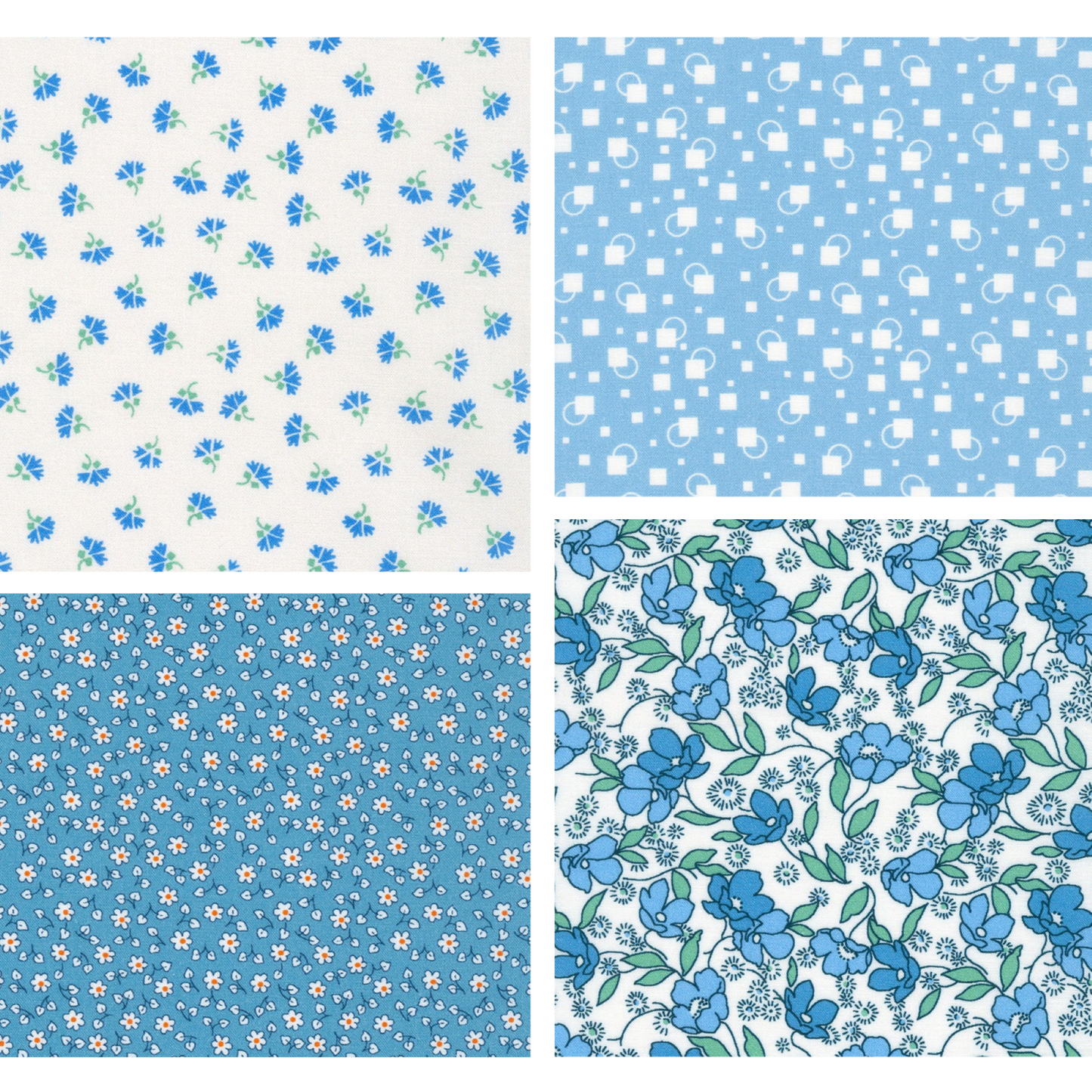 Little Blossoms Debbie Beaves 1930's reproduction bundle - 4 blue Fat 16ths Kaufman cotton quilt fabric