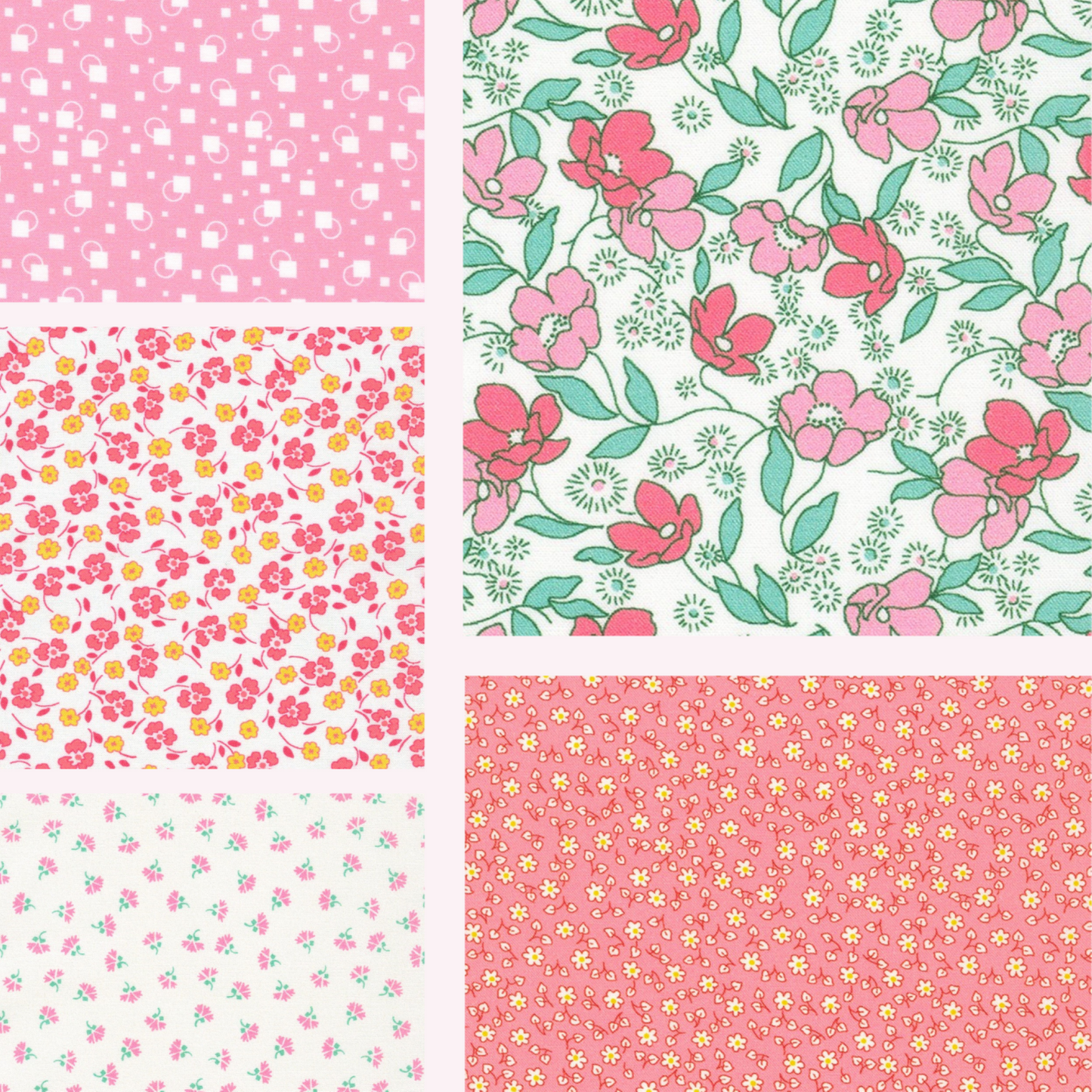 Little Blossoms Debbie Beaves 1930's reproduction bundle - 5 pink Fat Eighths Kaufman cotton quilt fabric