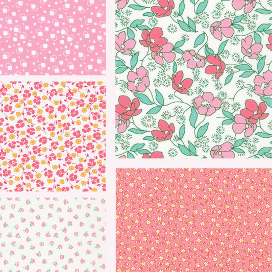 Little Blossoms Debbie Beaves 1930's reproduction bundle - 5 pink Fat Quarters Kaufman cotton quilt fabric