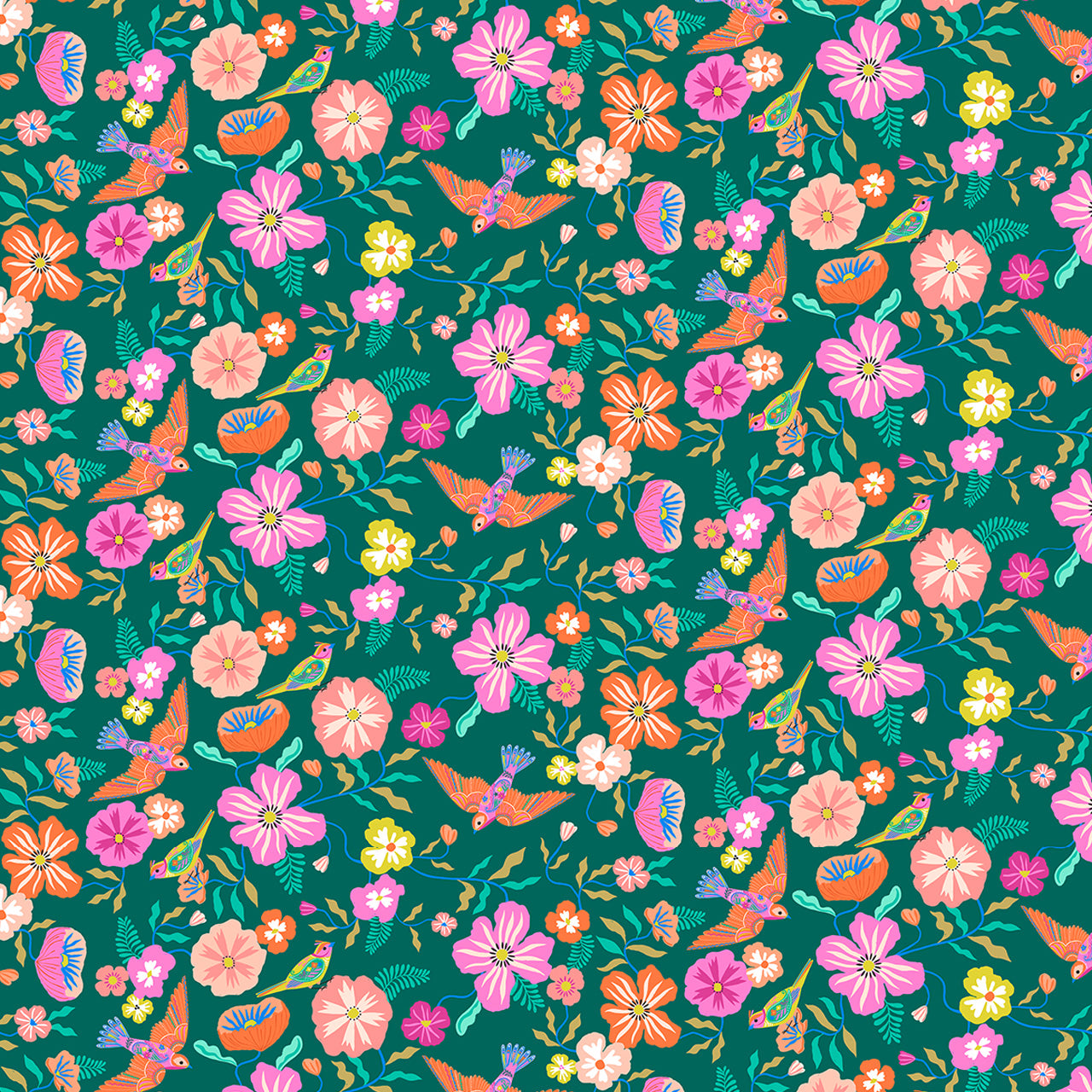 Songbird birds flowers dark green Dashwood cotton quilt fabric