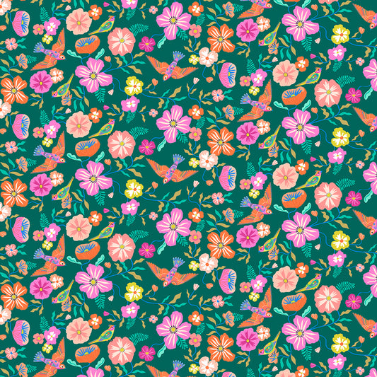 Songbird birds flowers dark green Dashwood cotton quilt fabric