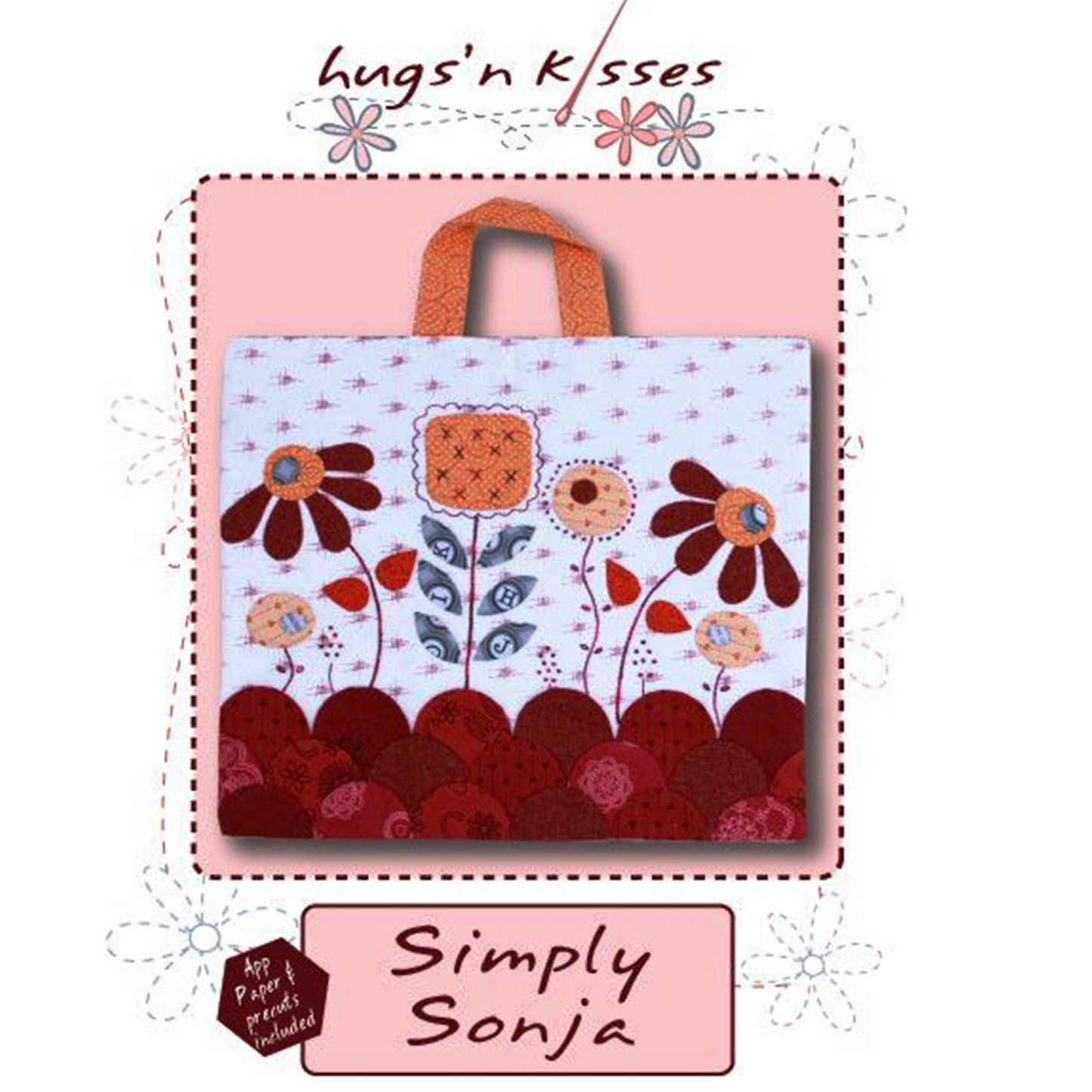 Simply Sonja zipper pouch project bag English Paper Pieced applique embroidery Hugs 'N Kisses pattern