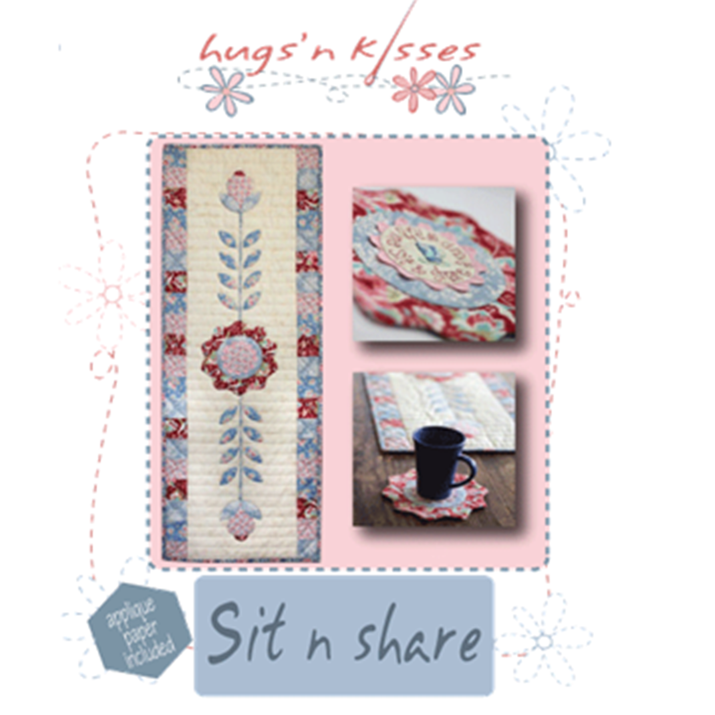 Sit n Share Table Runner applique and embroidery Hugs 'N Kisses paper pattern