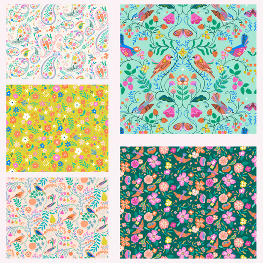 Songbird 5 Fat Quarters 50cm x 55cm (20 x 22") floral cotton quilt fabric