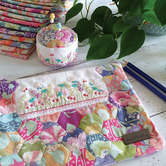 Sophie's Garden pouch and pincushion English Paper pieced with pre-printed embroidery linen Lillabelle Lane pattern