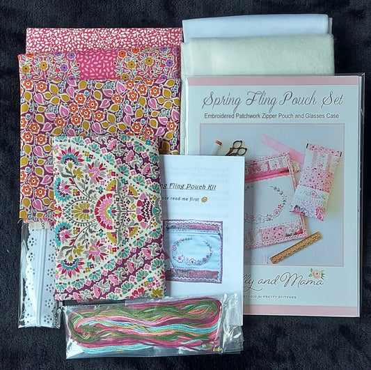 Spring Fling embroidery pouch and glasses case kit Molly & Mama pattern with Tilda fabric and supplies