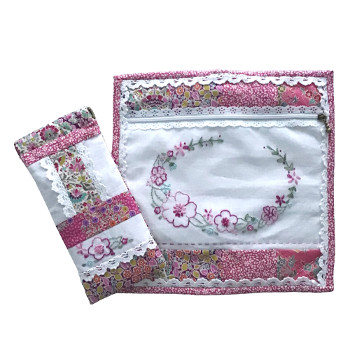 Spring Fling embroidery pouch and glasses case kit Molly & Mama pattern with Tilda fabric and supplies