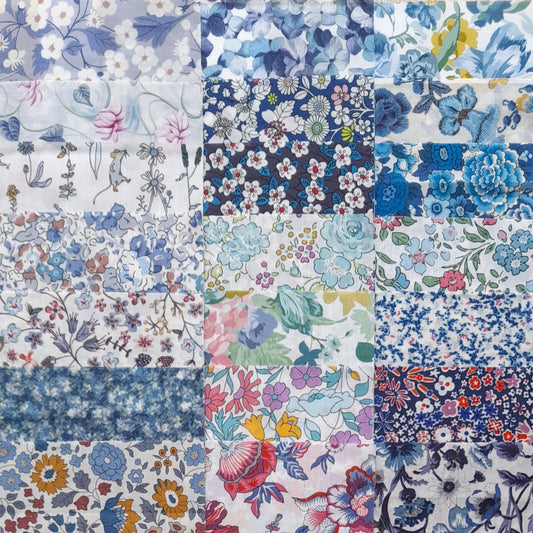 Liberty Tana lawn 21, 4.5" squares blue florals cotton quilt fabric Pack 1