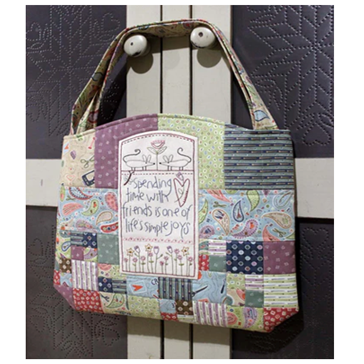 Sunshiny Day embroidered patchwork tote bag Birdhouse paper pattern